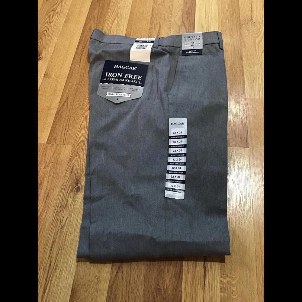 Haggar Iron Free Premium Khaki Men's Gray Slim-Straight Dress Pants